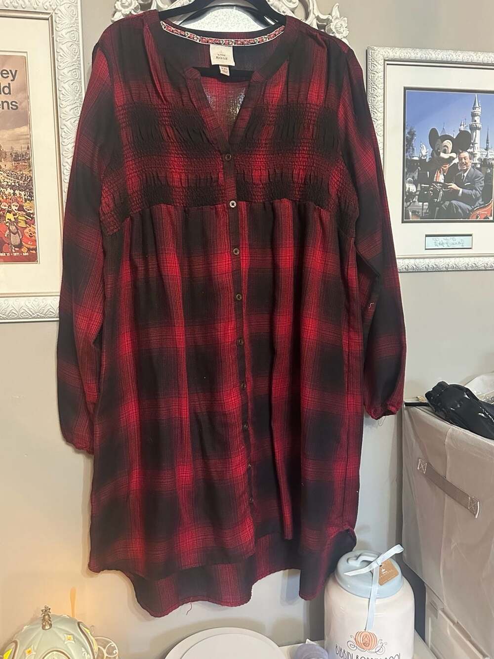 Knox Rose Red Buffalo Plaid Smocked Babydoll Tunic Dress